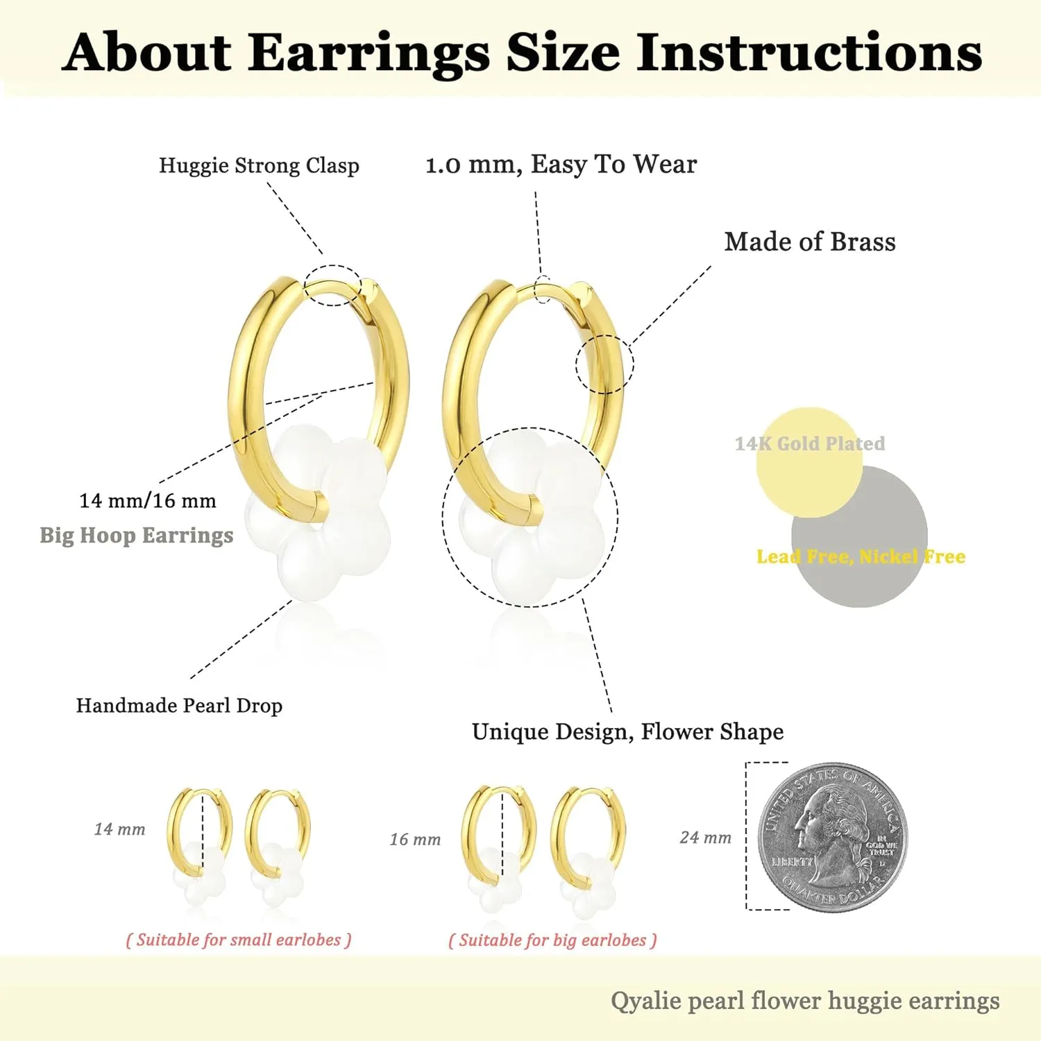 Flower Mother of Pearl Gold Hoop Dangle Drop Earrings For Women Huggie Statement Charm Earring 14K Gold Plated Wedding Brides Cute Jewelry Gifts