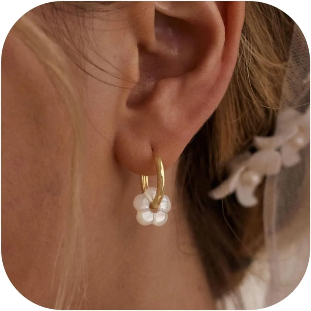 Flower Mother of Pearl Gold Hoop Dangle Drop Earrings For Women Huggie Statement Charm Earring 14K Gold Plated Wedding Brides Cute Jewelry Gifts