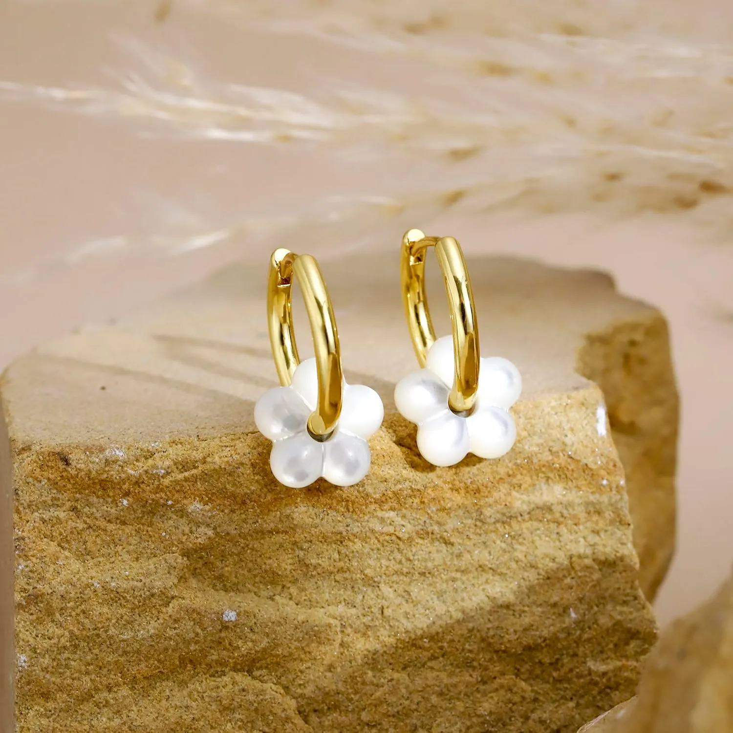 Flower Mother of Pearl Gold Hoop Dangle Drop Earrings For Women Huggie Statement Charm Earring 14K Gold Plated Wedding Brides Cute Jewelry Gifts