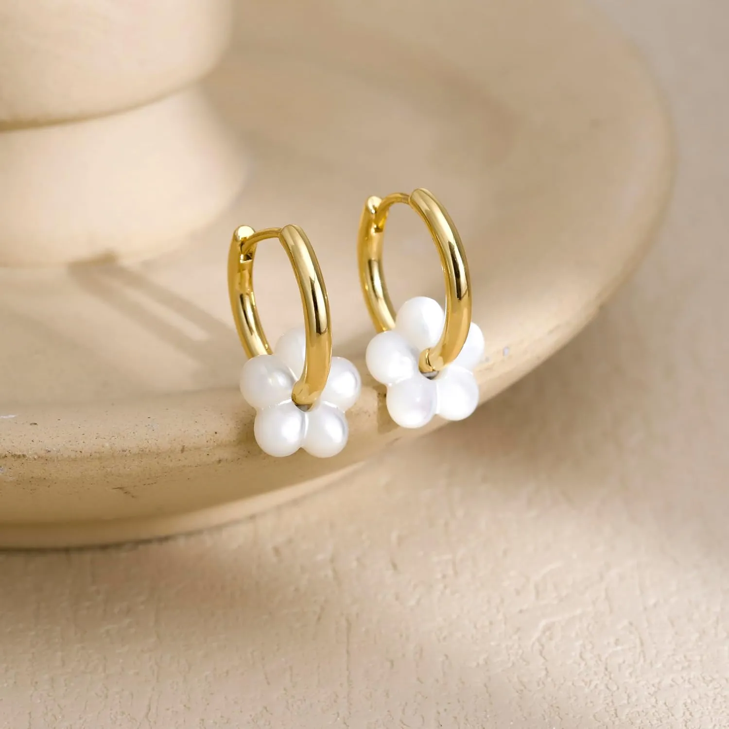 Flower Mother of Pearl Gold Hoop Dangle Drop Earrings For Women Huggie Statement Charm Earring 14K Gold Plated Wedding Brides Cute Jewelry Gifts