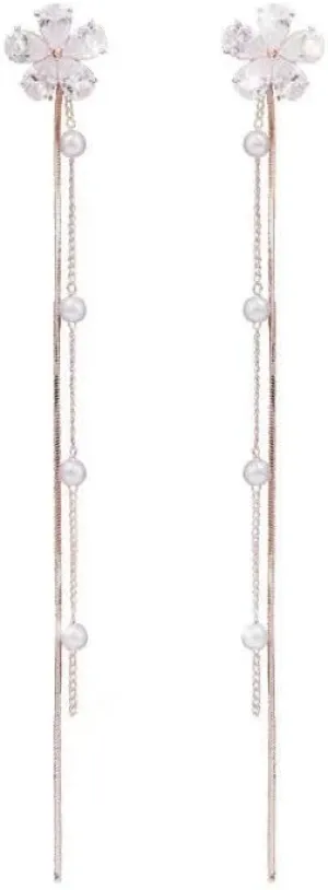 Flower Tassel Earrings Unique Chic Bohemian Long Tassel Chain Crystal Flower Pearl Stud Earrings Fashion Bride Bridesmaid Jewelry for Women