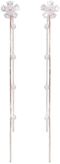 Flower Tassel Earrings Unique Chic Bohemian Long Tassel Chain Crystal Flower Pearl Stud Earrings Fashion Bride Bridesmaid Jewelry for Women
