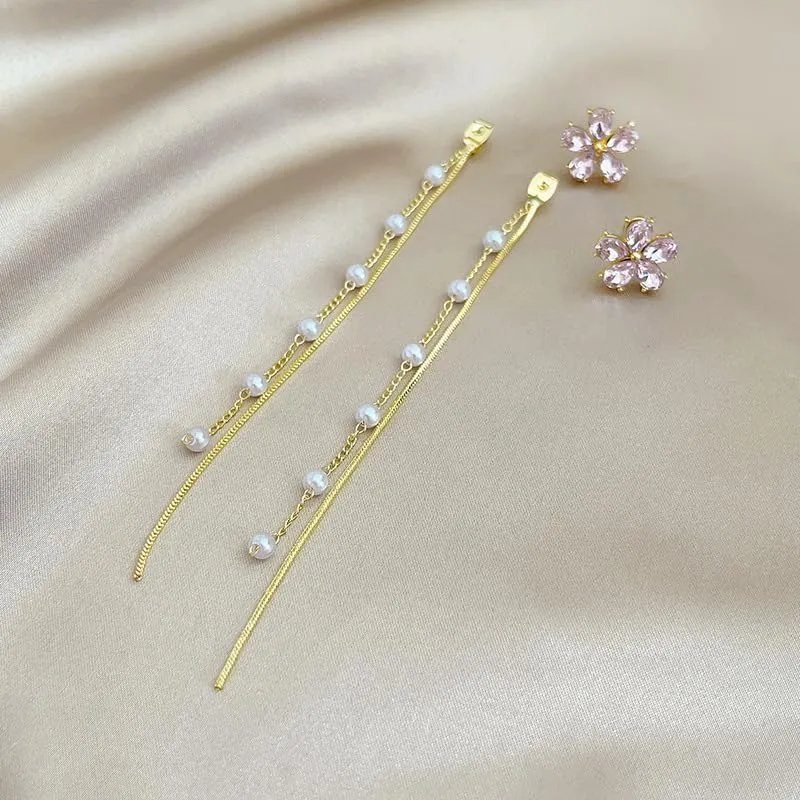 Flower Tassel Earrings Unique Chic Bohemian Long Tassel Chain Crystal Flower Pearl Stud Earrings Fashion Bride Bridesmaid Jewelry for Women