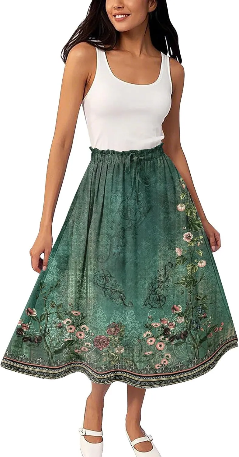 Formal Skirts for Women Summer Drawstring Elastic High Waisted Midi Skirt Boho A Line Pleated Calf Length Skirt