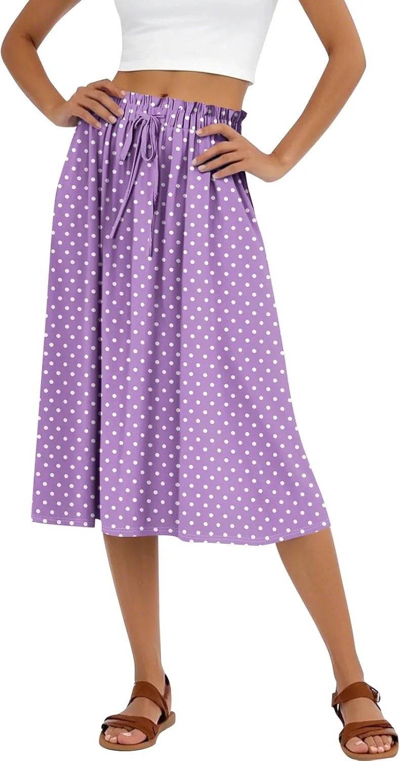 Formal Skirts for Women Summer Drawstring Elastic High Waisted Midi Skirt Boho A Line Pleated Calf Length Skirt