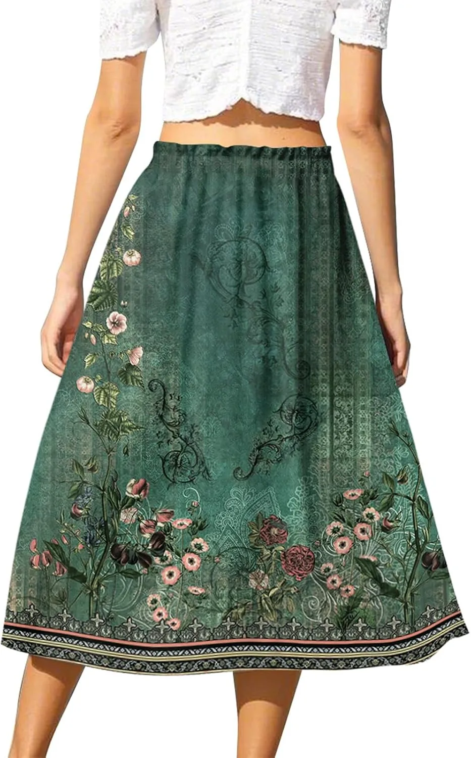 Formal Skirts for Women Summer Drawstring Elastic High Waisted Midi Skirt Boho A Line Pleated Calf Length Skirt