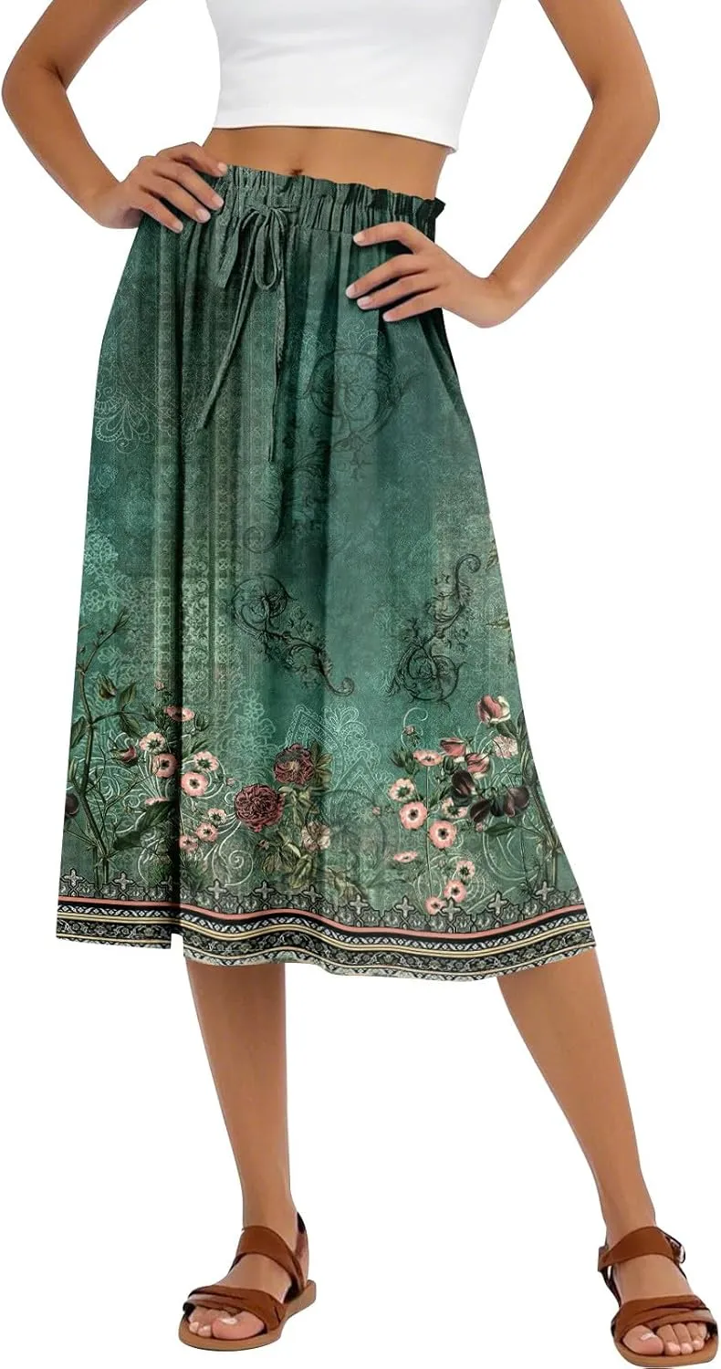 Formal Skirts for Women Summer Drawstring Elastic High Waisted Midi Skirt Boho A Line Pleated Calf Length Skirt