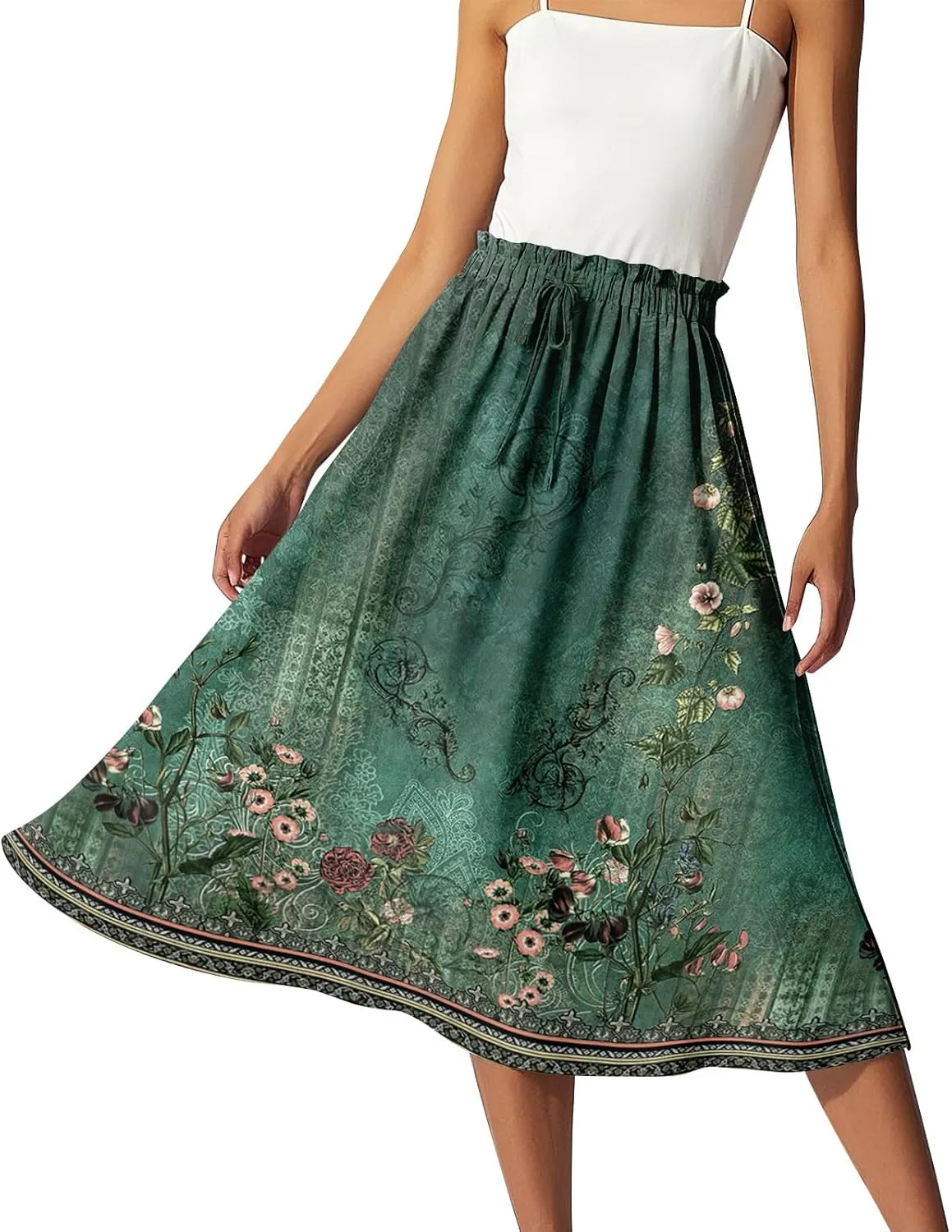 Formal Skirts for Women Summer Drawstring Elastic High Waisted Midi Skirt Boho A Line Pleated Calf Length Skirt