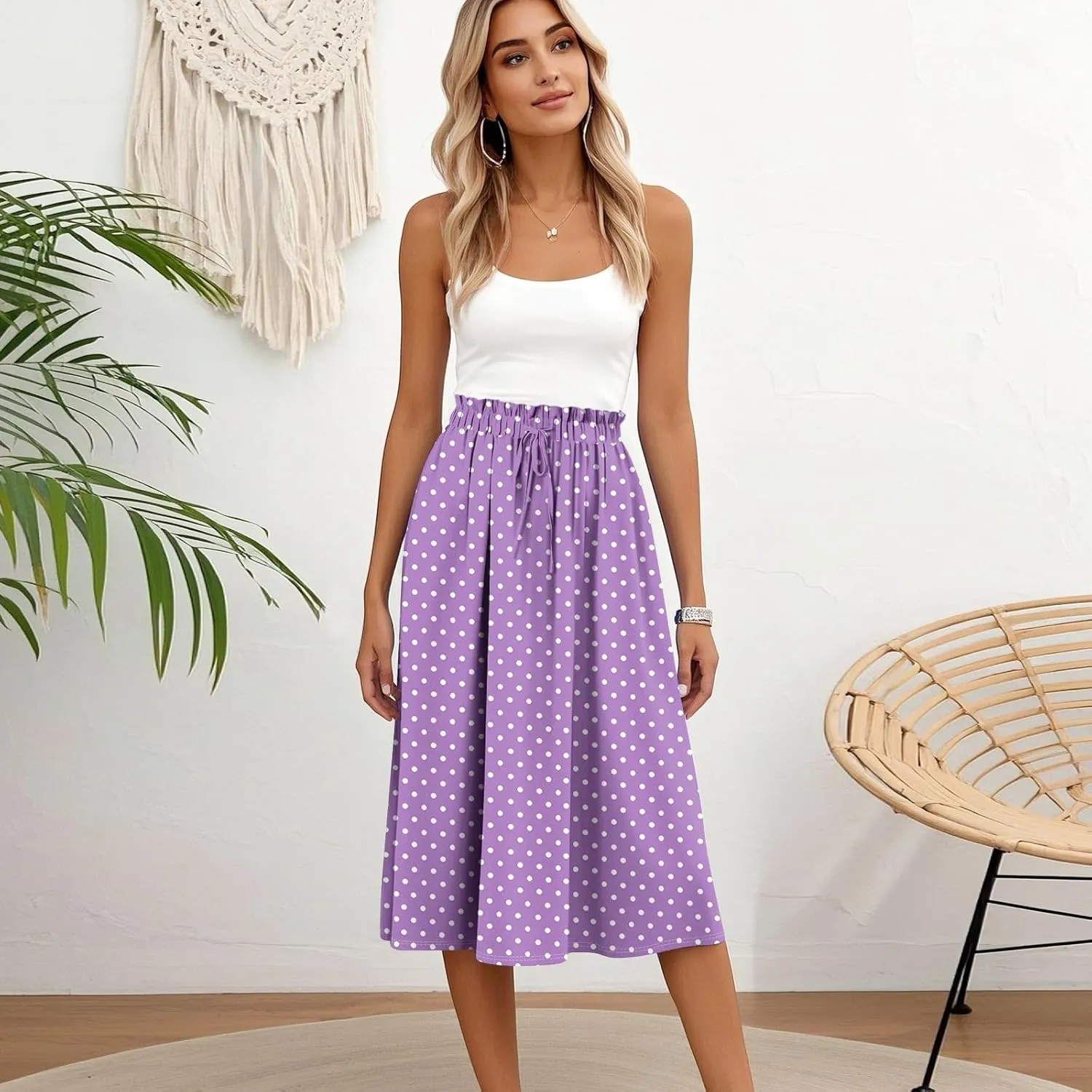 Formal Skirts for Women Summer Drawstring Elastic High Waisted Midi Skirt Boho A Line Pleated Calf Length Skirt