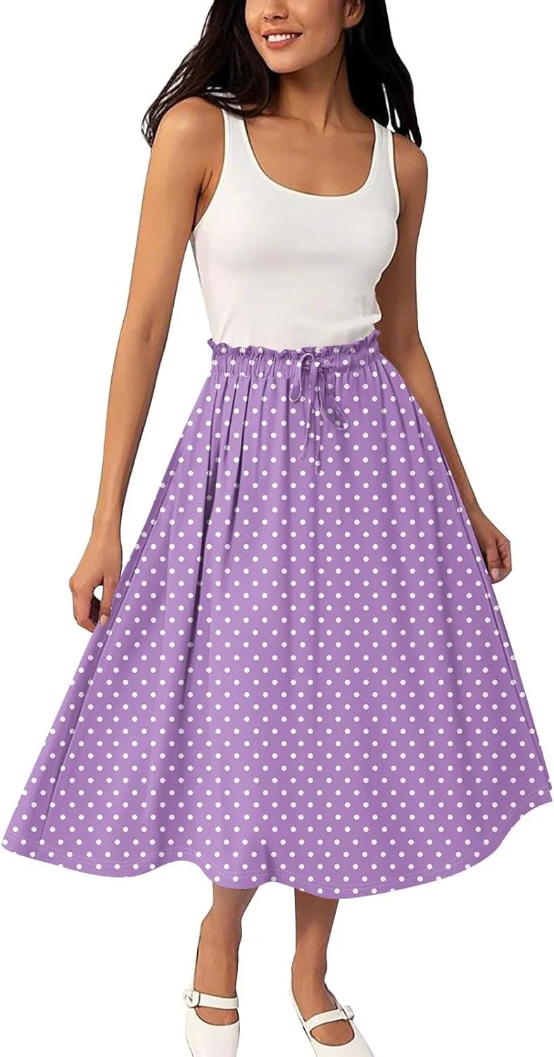 Formal Skirts for Women Summer Drawstring Elastic High Waisted Midi Skirt Boho A Line Pleated Calf Length Skirt