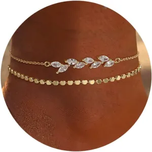 Foxgirl Gold Layered Leaf Anklets, 14K Waterproof Bracelets for Women, CZ Dot Link Anklets Set, Dainty Cute Adjustable Anklet Bracelets for Women, Gold Jewelry Gift