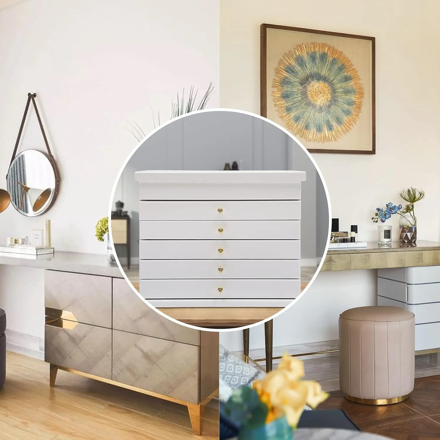 Functional 6-Tier Jewelry Box Organizer with 5 Drawers, Wood Jewelry Storage Case, Suitable for Women, Girls, Ring, Necklace, Earring and Bracelet Holder Organizer