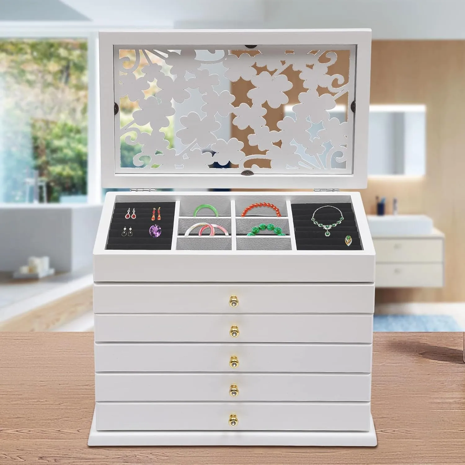 Functional 6-Tier Jewelry Box Organizer with 5 Drawers, Wood Jewelry Storage Case, Suitable for Women, Girls, Ring, Necklace, Earring and Bracelet Holder Organizer