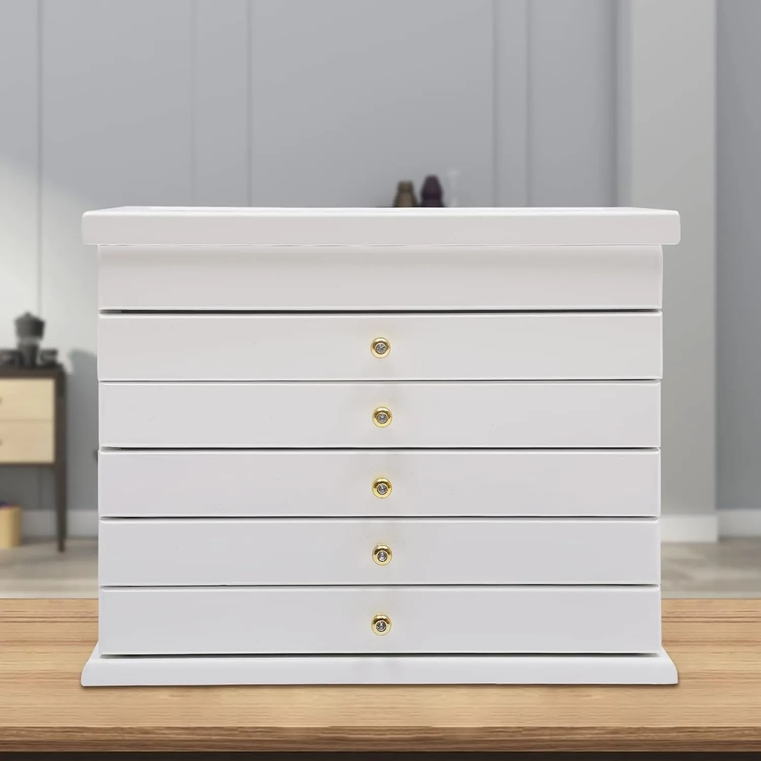 Functional 6-Tier Jewelry Box Organizer with 5 Drawers, Wood Jewelry Storage Case, Suitable for Women, Girls, Ring, Necklace, Earring and Bracelet Holder Organizer