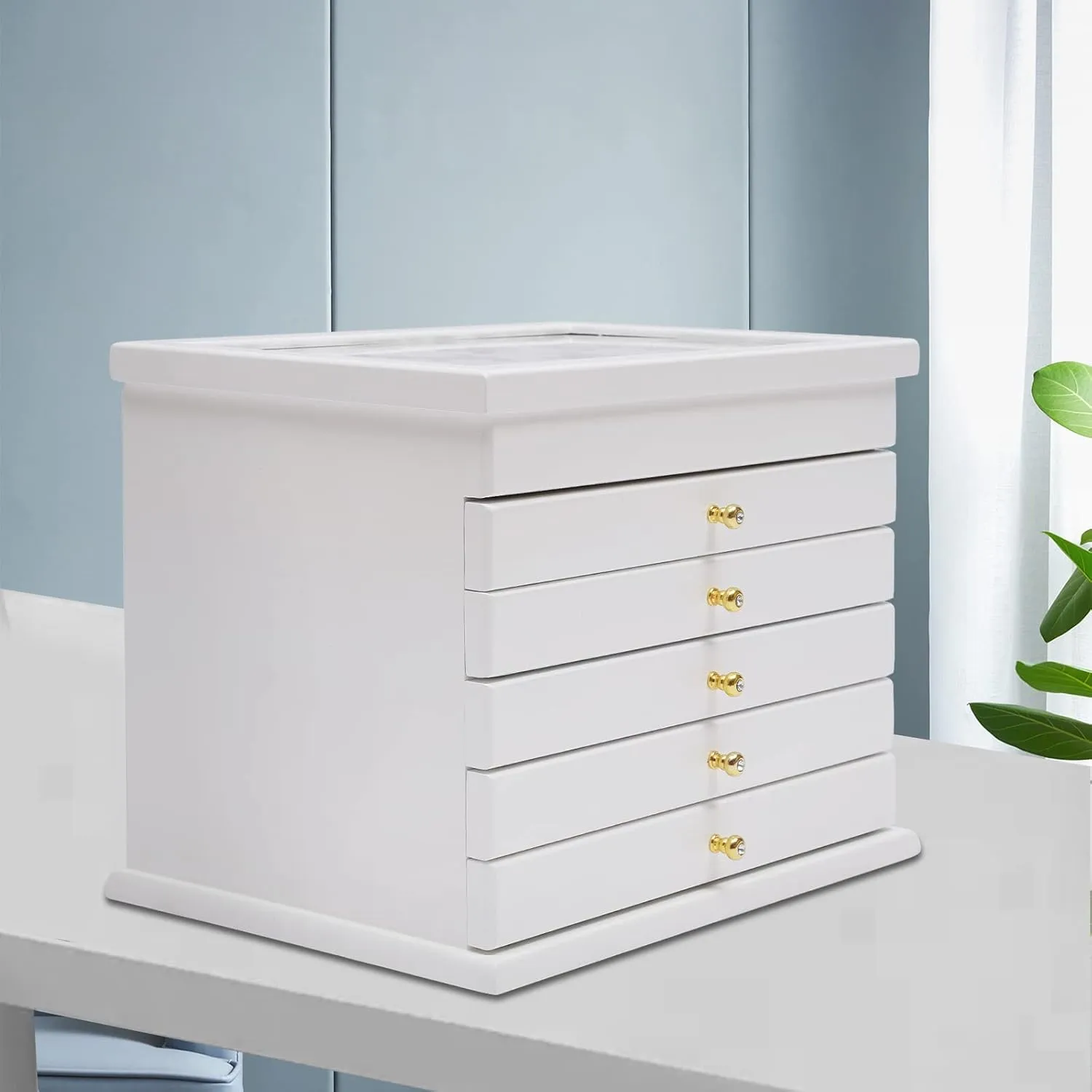 Functional 6-Tier Jewelry Box Organizer with 5 Drawers, Wood Jewelry Storage Case, Suitable for Women, Girls, Ring, Necklace, Earring and Bracelet Holder Organizer
