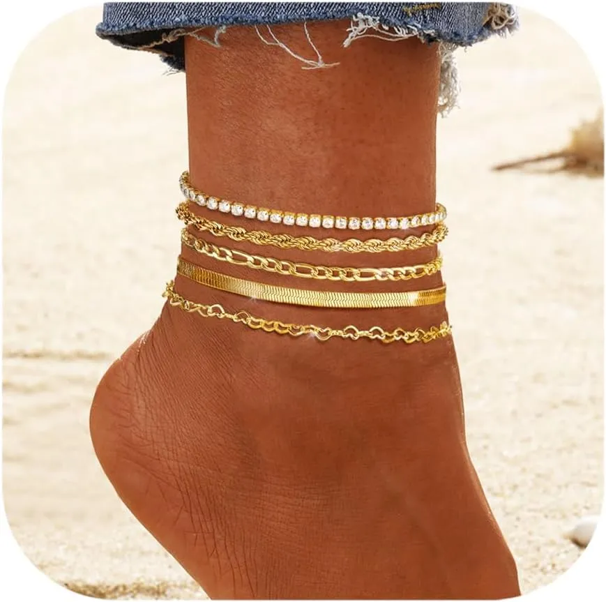 FUNRUN JEWELRY Gold Ankle Bracelets,14 k Gold Plated Waterproof Stainless Steel Cuban Link Chain Ankle Set Paperclip Figaro Layered Anklets Bracelets for Women Dainty Summer Beach Jewelry 5Pcs