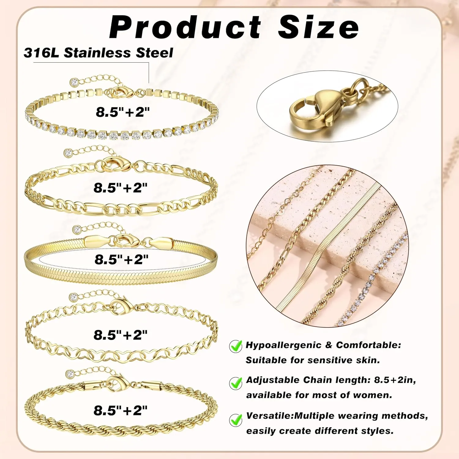 FUNRUN JEWELRY Gold Ankle Bracelets,14 k Gold Plated Waterproof Stainless Steel Cuban Link Chain Ankle Set Paperclip Figaro Layered Anklets Bracelets for Women Dainty Summer Beach Jewelry 5Pcs