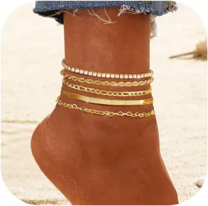 FUNRUN JEWELRY Gold Ankle Bracelets,14 k Gold Plated Waterproof Stainless Steel Cuban Link Chain Ankle Set Paperclip Figaro Layered Anklets Bracelets for Women Dainty Summer Beach Jewelry 5Pcs