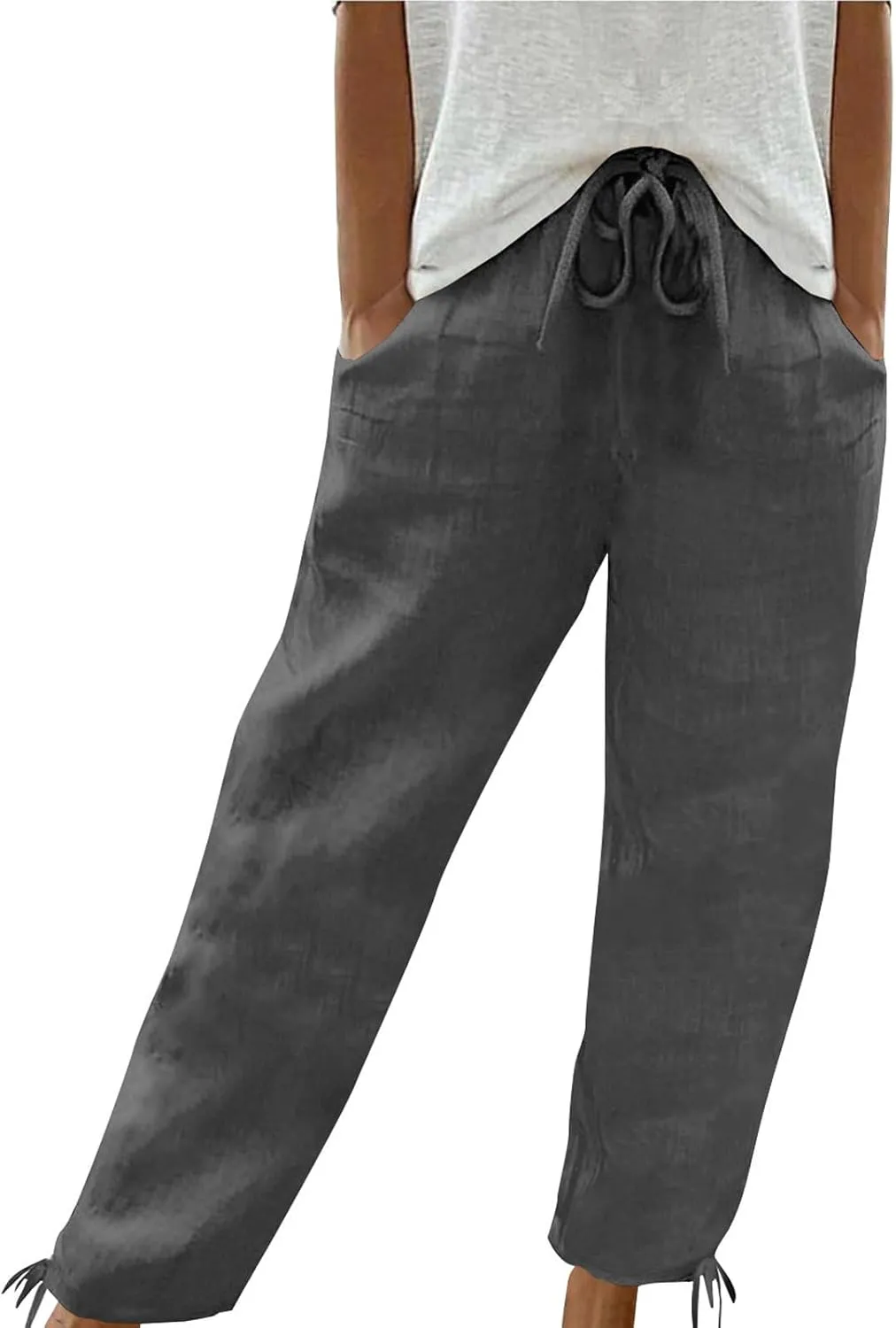 FZYLQY Linen Ankle Pants for Women Casual Drawstring Loose Fit Tapered Trousers with Pockets Relaxed Style 2025 New Slacks