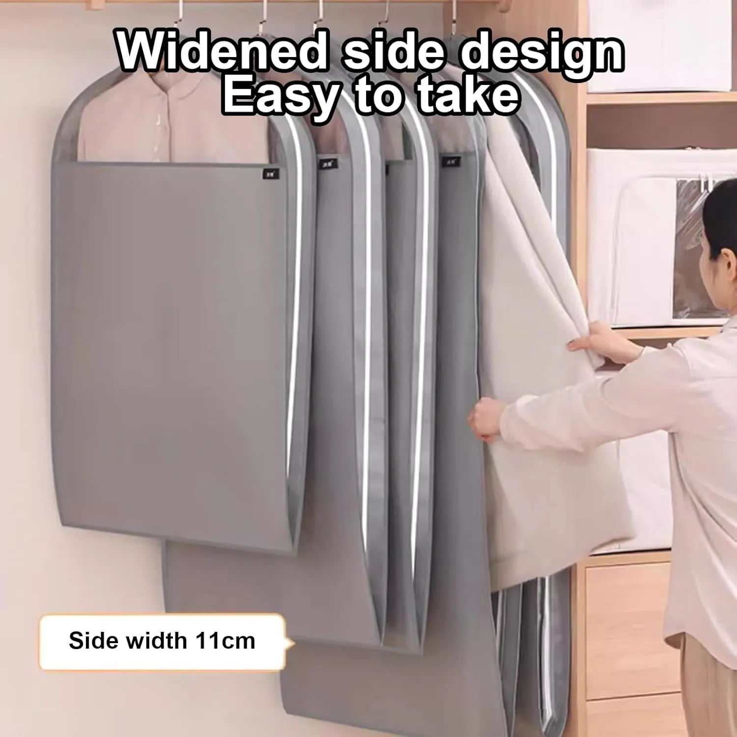 Garment Bags for Hanging Clothes with Clear Window, Dress Bag with Zipper, Sealed Completely, Side Zip Opening, for Closet Storage and Travel, 5 Pack(Gray,60x11x130cm)