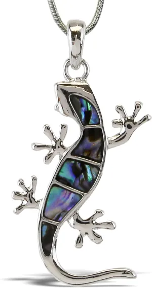 Gecko Necklace Jewelry - Authentic Pendant Made With Natural Paua Abalone Shell With Silver Snake Chain Necklace, Unique Charm Jewel for Daily, Casual & Formal Occasions - 18 Inch