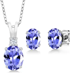 Gem Stone King 2.71 Cttw Oval Blue Tanzanite Pendant and Earrings Jewelry Set For Women | 925 Sterling Silver | Gemstone Birthstone | With 18 Inch Silver Chain