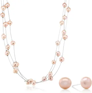 Gem Stone King 3-Row 7-8MM Pink Cultured Freshwater Pearl 18 Inch Necklace and Earrings Jewelry Set For Women