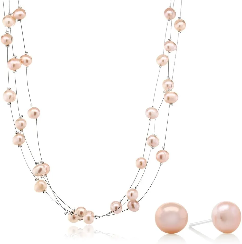 Gem Stone King 3-Row 7-8MM Pink Cultured Freshwater Pearl 18 Inch Necklace and Earrings Jewelry Set For Women