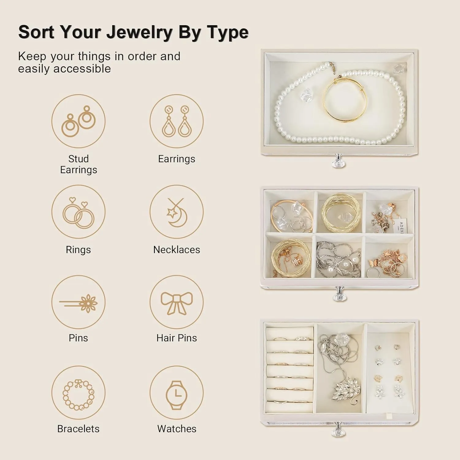 Gifturbo 3-Layer Jewelry Organizer, 3 Drawers Jewelry Box for Women Mirror Storage Box for Necklace Earrings Rings Bracelets,Gift Idea for Girls (White)