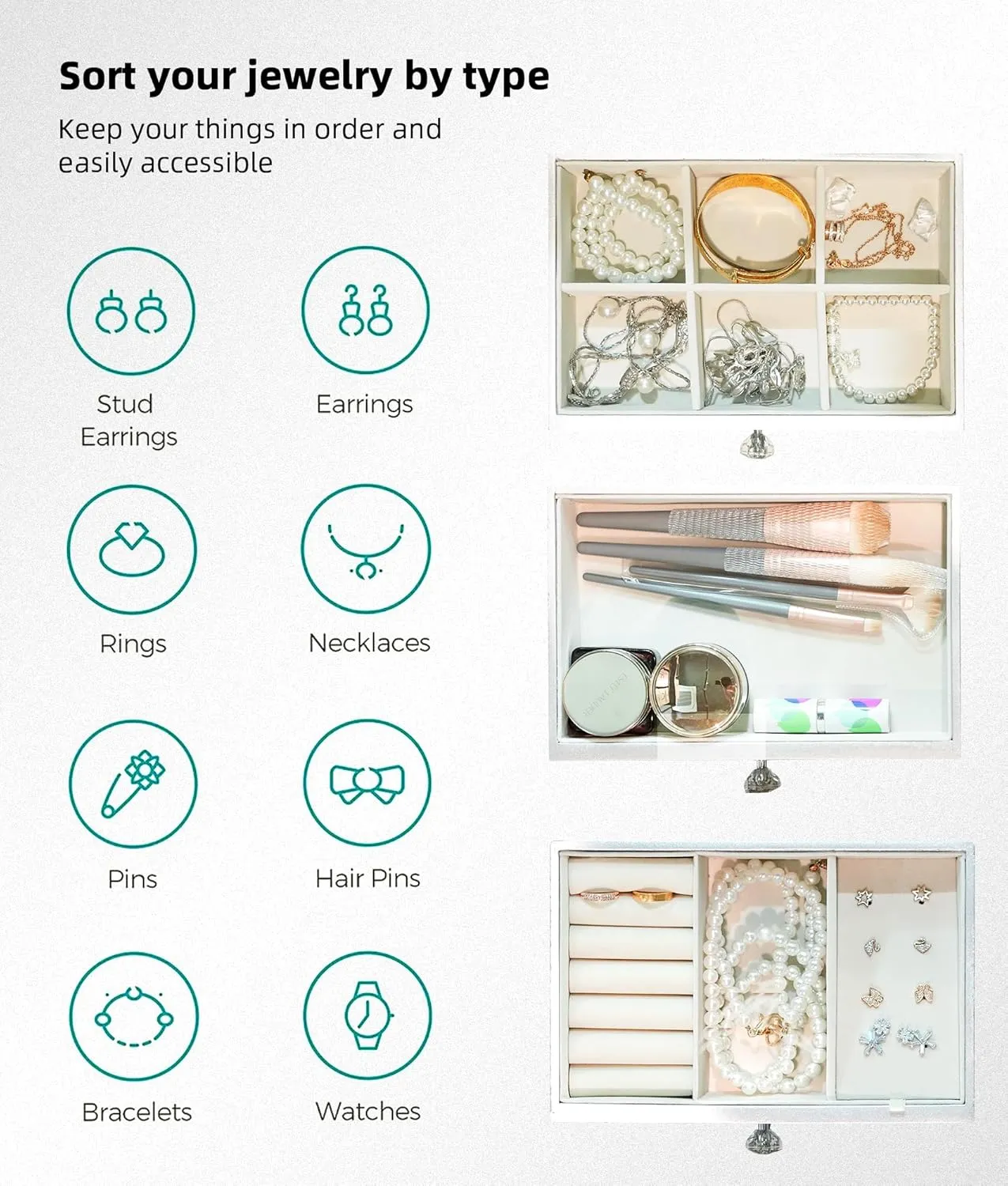 Gifturbo 3 Layer Mirror Glass Jewelry Box for Women, Girls Jewelry Organizer Box, 3 Layers Jewelry Storage Organizer for Earring, Ring, Necklace, Bracelets, Sliver