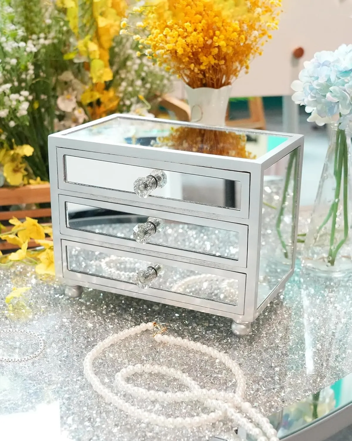 Gifturbo 3 Layer Mirror Glass Jewelry Box for Women, Girls Jewelry Organizer Box, 3 Layers Jewelry Storage Organizer for Earring, Ring, Necklace, Bracelets, Sliver