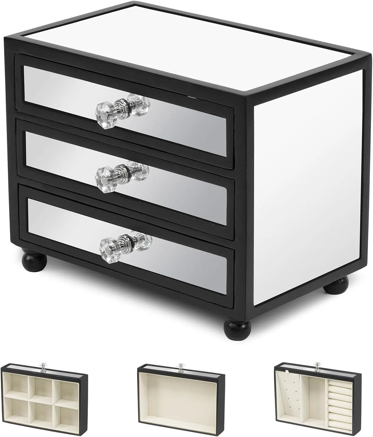 Gifturbo 3-Tier Mirror Black Jewelry Box,Jewelry Organizer Glass with 3 Drawers for Big and Small Jewelry, Jewelry Storage, Modern Style