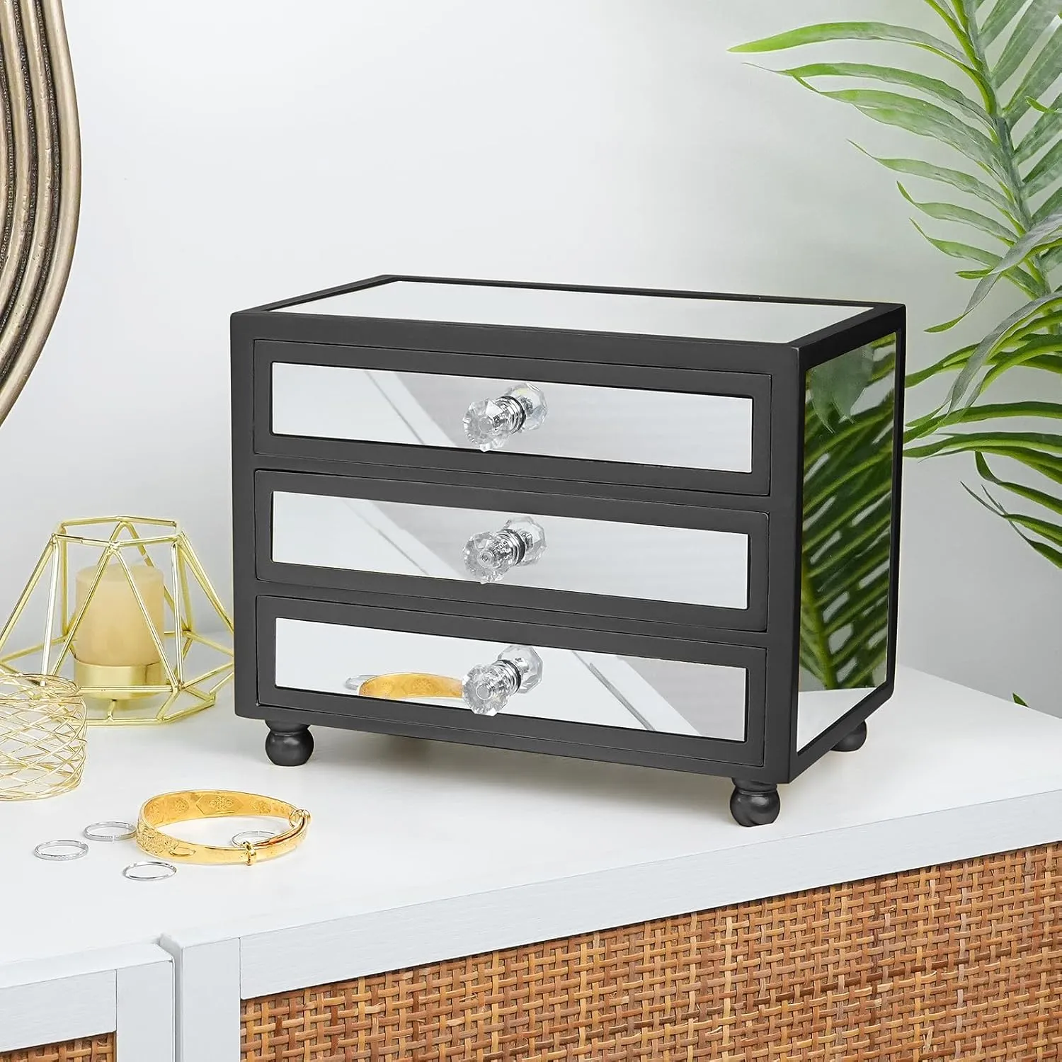 Gifturbo 3-Tier Mirror Black Jewelry Box,Jewelry Organizer Glass with 3 Drawers for Big and Small Jewelry, Jewelry Storage, Modern Style