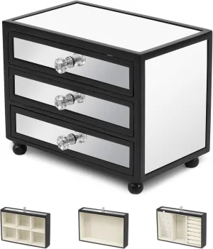 Gifturbo 3-Tier Mirror Black Jewelry Box,Jewelry Organizer Glass with 3 Drawers for Big and Small Jewelry, Jewelry Storage, Modern Style