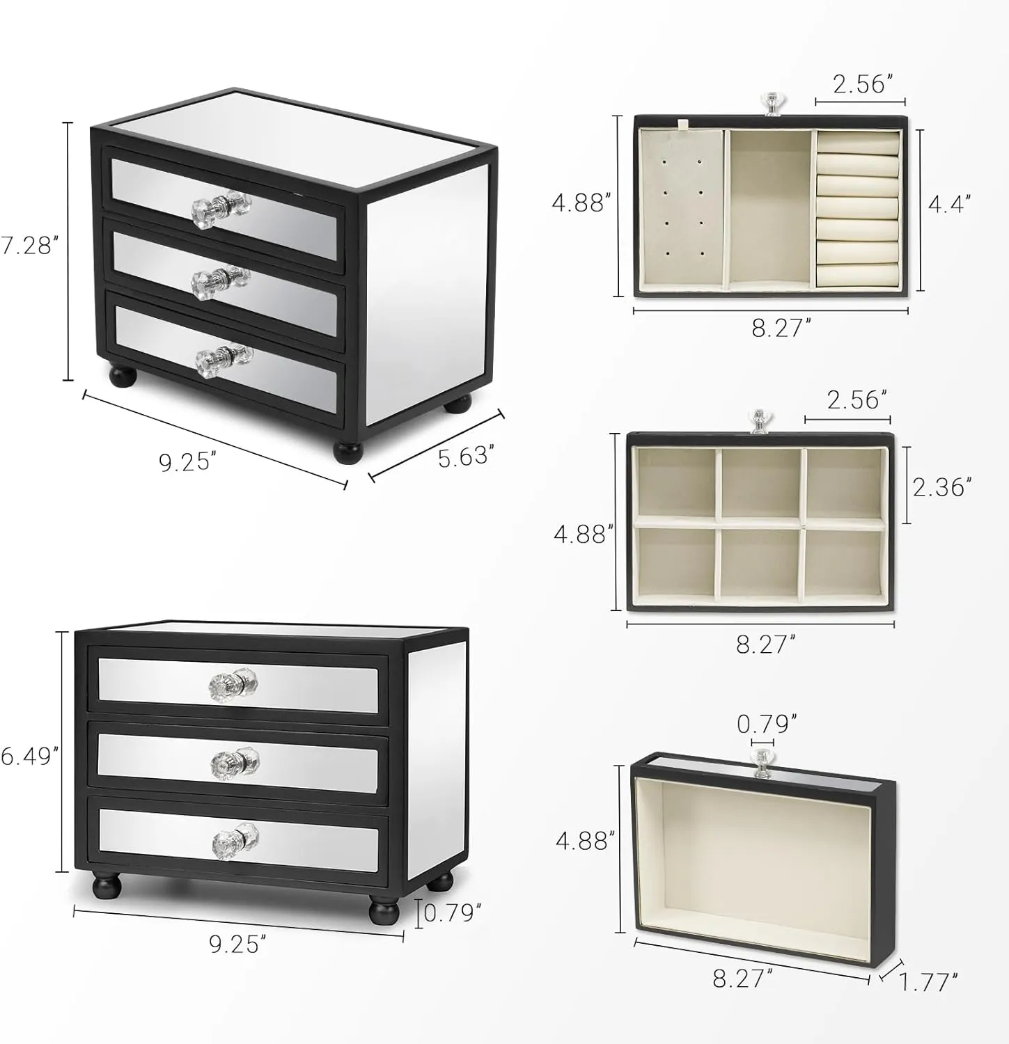 Gifturbo 3-Tier Mirror Black Jewelry Box,Jewelry Organizer Glass with 3 Drawers for Big and Small Jewelry, Jewelry Storage, Modern Style