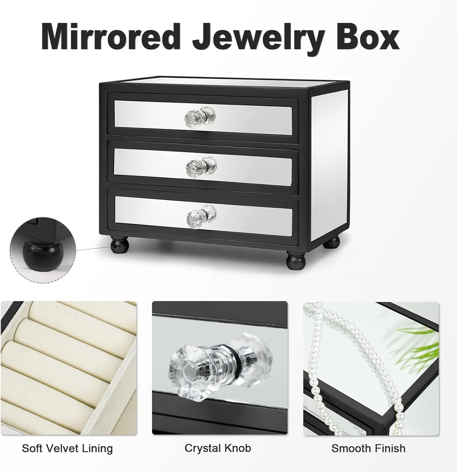 Gifturbo 3-Tier Mirror Black Jewelry Box,Jewelry Organizer Glass with 3 Drawers for Big and Small Jewelry, Jewelry Storage, Modern Style