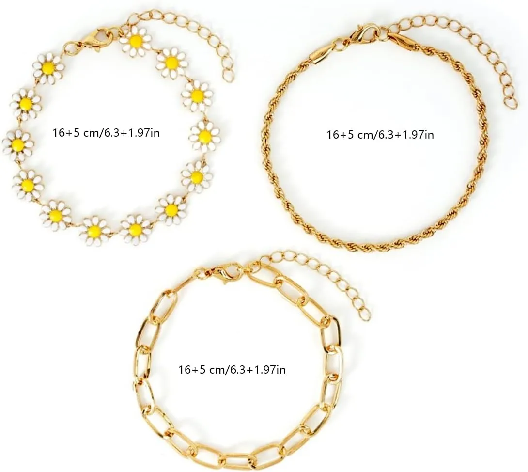 GIGB PBDK Layered Gold Daisy Sunflowers Anklets for Women, Boho Pearl Floral Paperclip Chain Link Bracelets Anklets, Ideal Holiday Gift for Women