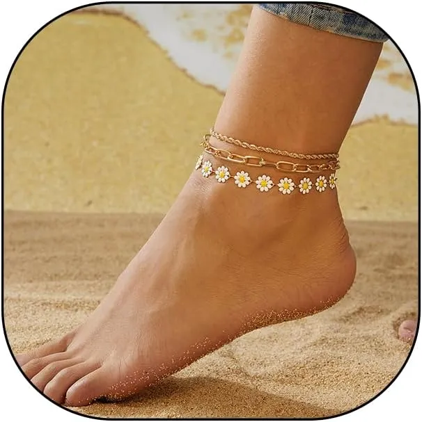 GIGB PBDK Layered Gold Daisy Sunflowers Anklets for Women, Boho Pearl Floral Paperclip Chain Link Bracelets Anklets, Ideal Holiday Gift for Women