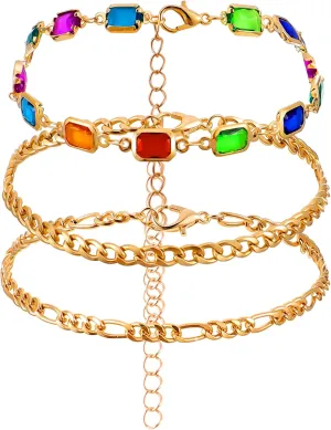 Gold Ankle Bracelets for Women, 14K Gold Plated Anklets for Women Waterproof Cuban Link Chain Anklets Set, Layered Anklet Bracelets Beach Gift Adjustable Size