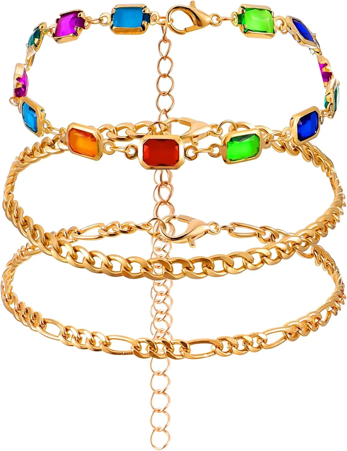 Gold Ankle Bracelets for Women, 14K Gold Plated Anklets for Women Waterproof Cuban Link Chain Anklets Set, Layered Anklet Bracelets Beach Gift Adjustable Size