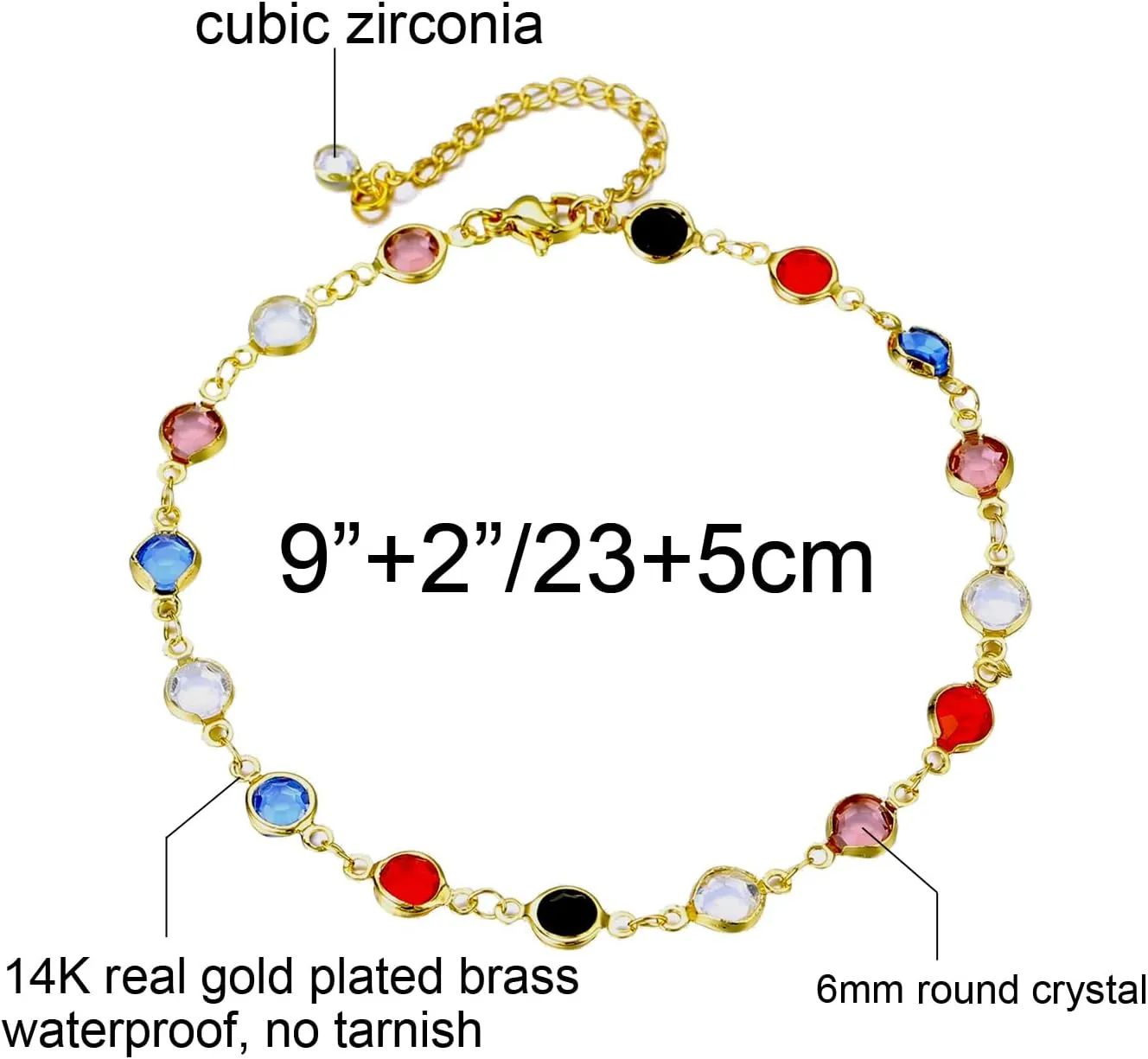 Gold Ankle Bracelets for Women 14K Gold Plated Crystal Oval Round Butterfly Charm Chain Anklets for Women Waterproof