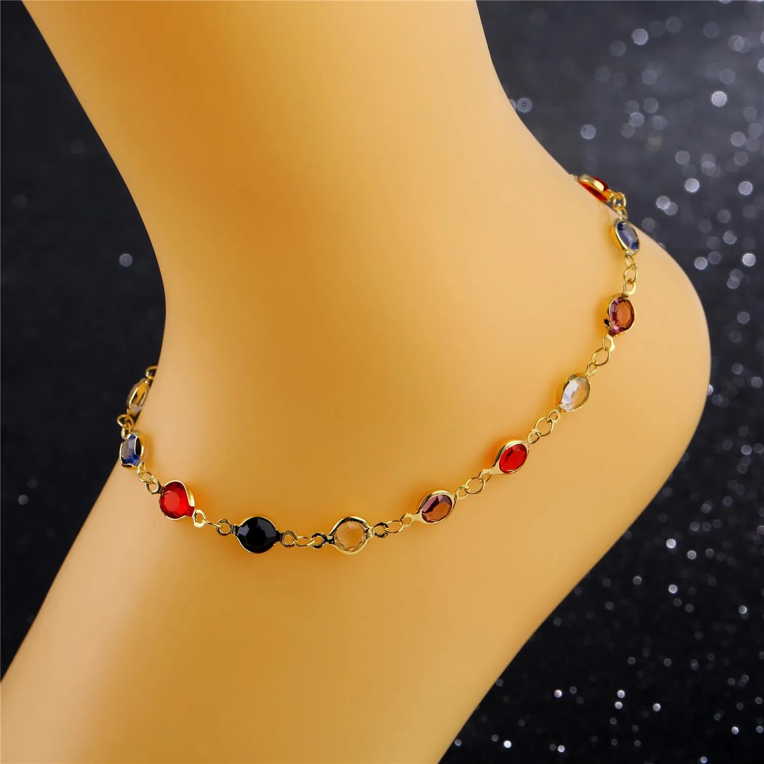Gold Ankle Bracelets for Women 14K Gold Plated Crystal Oval Round Butterfly Charm Chain Anklets for Women Waterproof