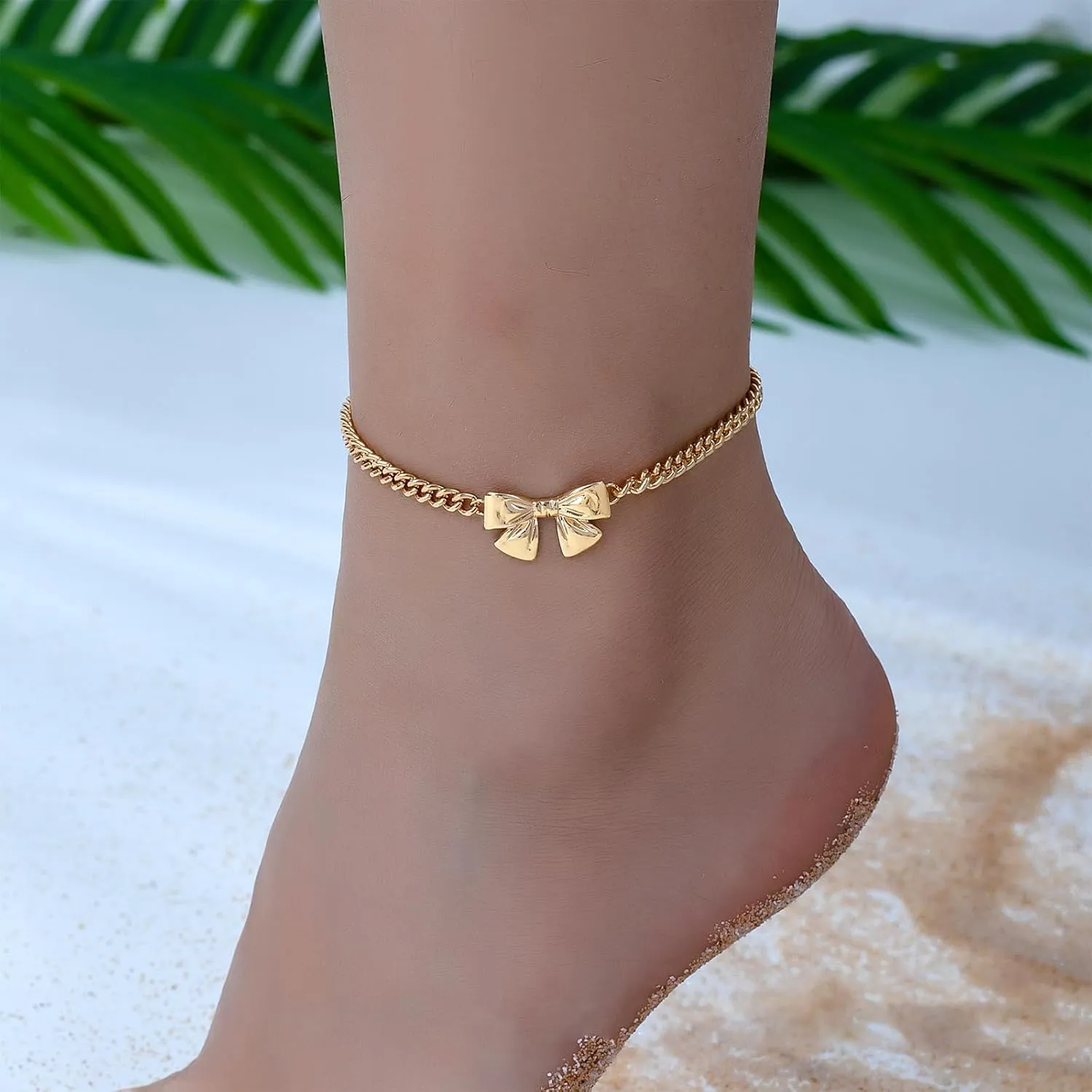 Gold Ankle Bracelets for Women 18K Gold Anklets for Women Bow Ankle Bracelets Waterproof Cuban Link Anklet Foot Bracelet Summer Beach Anklet Jewelry for Women Gift