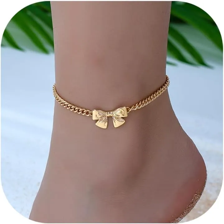 Gold Ankle Bracelets for Women 18K Gold Anklets for Women Bow Ankle Bracelets Waterproof Cuban Link Anklet Foot Bracelet Summer Beach Anklet Jewelry for Women Gift