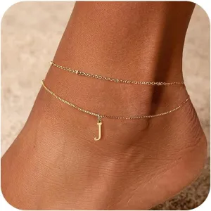 Gold Ankle Bracelets for Women, Initial Anklets for Women Waterproof 14K Gold Layered Satellite Thin Box Chain Letter Anklet Set Summer Beach Jewelry for Women