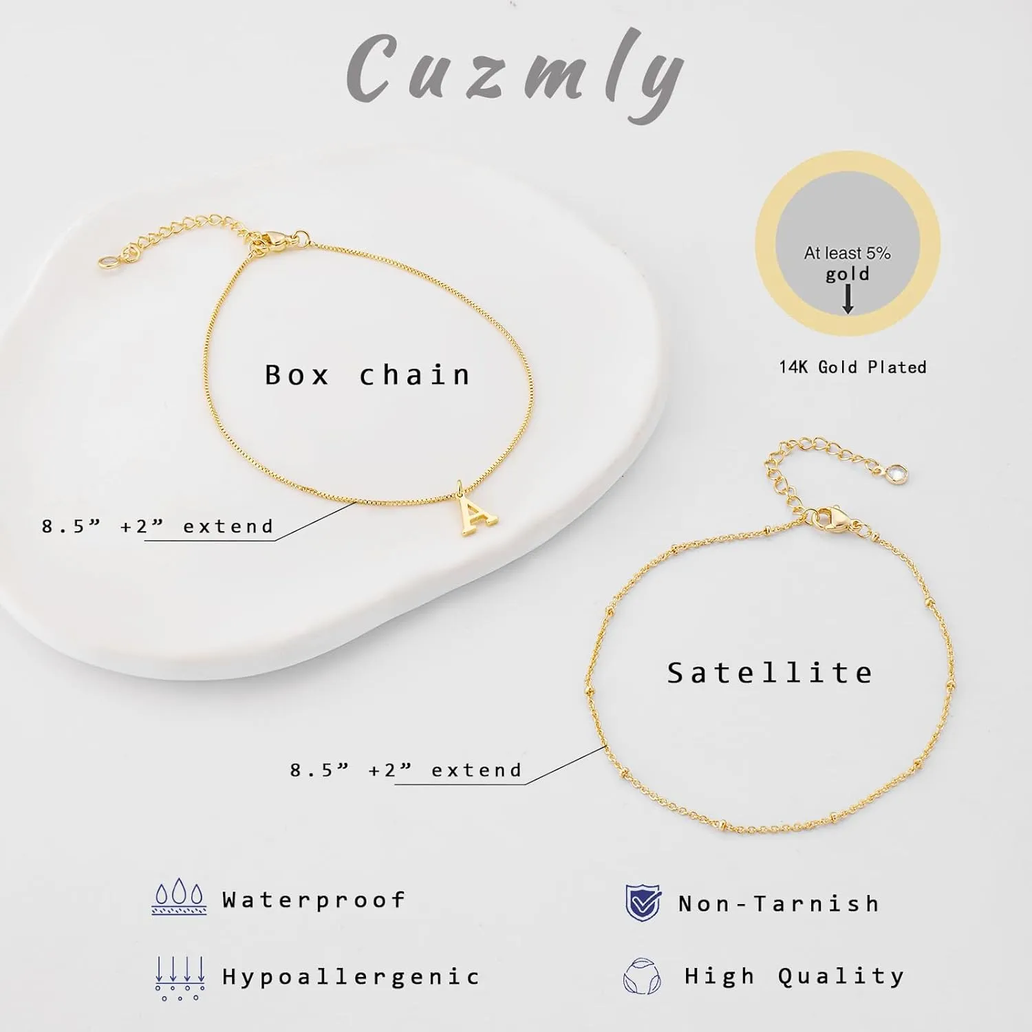 Gold Ankle Bracelets for Women, Initial Anklets for Women Waterproof 14K Gold Layered Satellite Thin Box Chain Letter Anklet Set Summer Beach Jewelry for Women