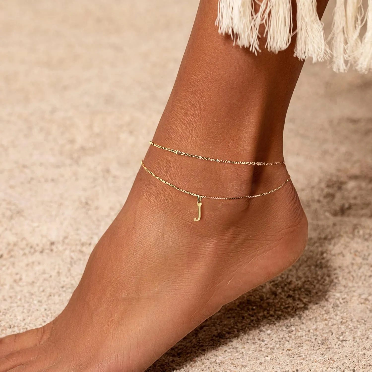 Gold Ankle Bracelets for Women, Initial Anklets for Women Waterproof 14K Gold Layered Satellite Thin Box Chain Letter Anklet Set Summer Beach Jewelry for Women
