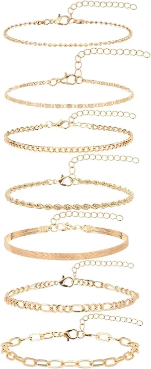 Gold Ankle Bracelets for Women Waterproof 7 PCS 14K Gold Plated Cuban Figaro Link Chain Anklets Set Summer Beach Jewelry for Women Adjustable Size