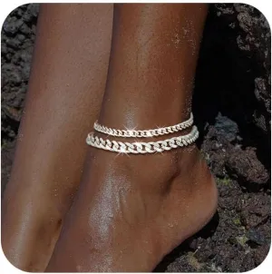 Gold Ankle Bracelets for Women Waterproof - Dainty Gold Anklets Trendy Layered 14K Gold/Silver Plated Stackable Chunky Cuban Link Chian Anklet Bracelet Set for Women Non Tarnish Jewelry Gift