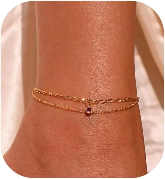 Gold Ankle Bracelets for Women,Birthstone Gold Anklets for Women Waterproof 14K Gold Plated Chain Anklet Set Layered Anklet Bracelets for Women Summer Beach Gold Jewelry Plus Size Anklets